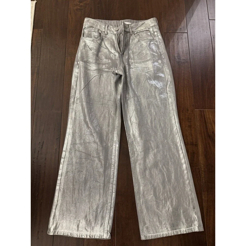 Gianni Bini Girls Foiled Metallic Denim Pants gray silver straight wide legs 16